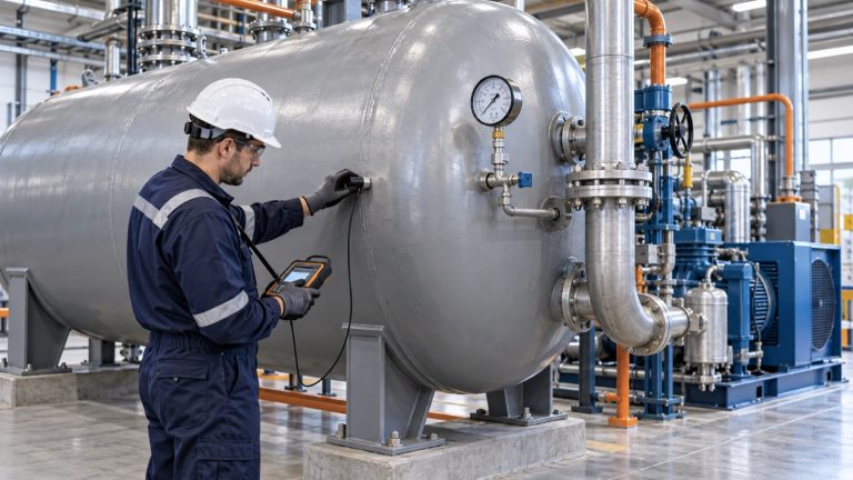 Basınçlı kap periyodik kontrolü sırasında tankın manometre ve ultrasonik kalınlık ölçüm cihazıyla incelenmesi