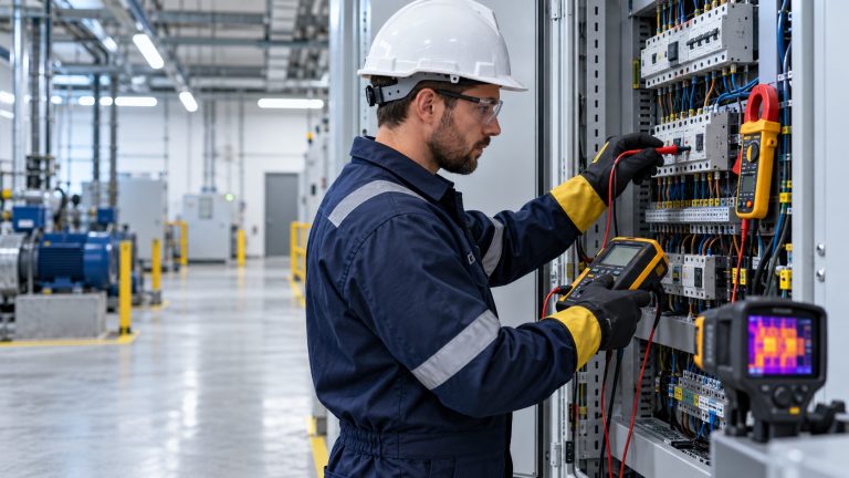 Elektrik ölçümleri sırasında mühendis dağıtım panosunu test cihazı ve termal kamerayla inceliyor