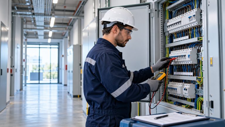 Elektrik tesisatı uygunluk muayenesinde mühendis dağıtım panosunu test cihazıyla kontrol ediyor