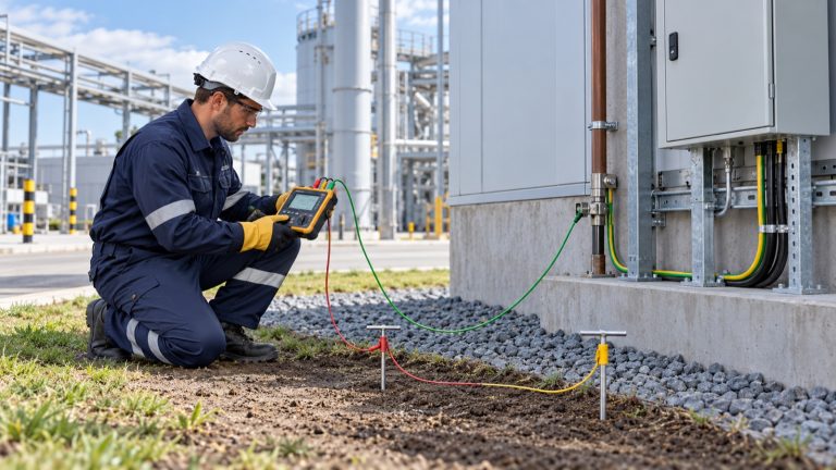 Topraklama direnci ölçümünde mühendis dijital ölçüm cihazı ve yardımcı elektrotları kontrol ediyor